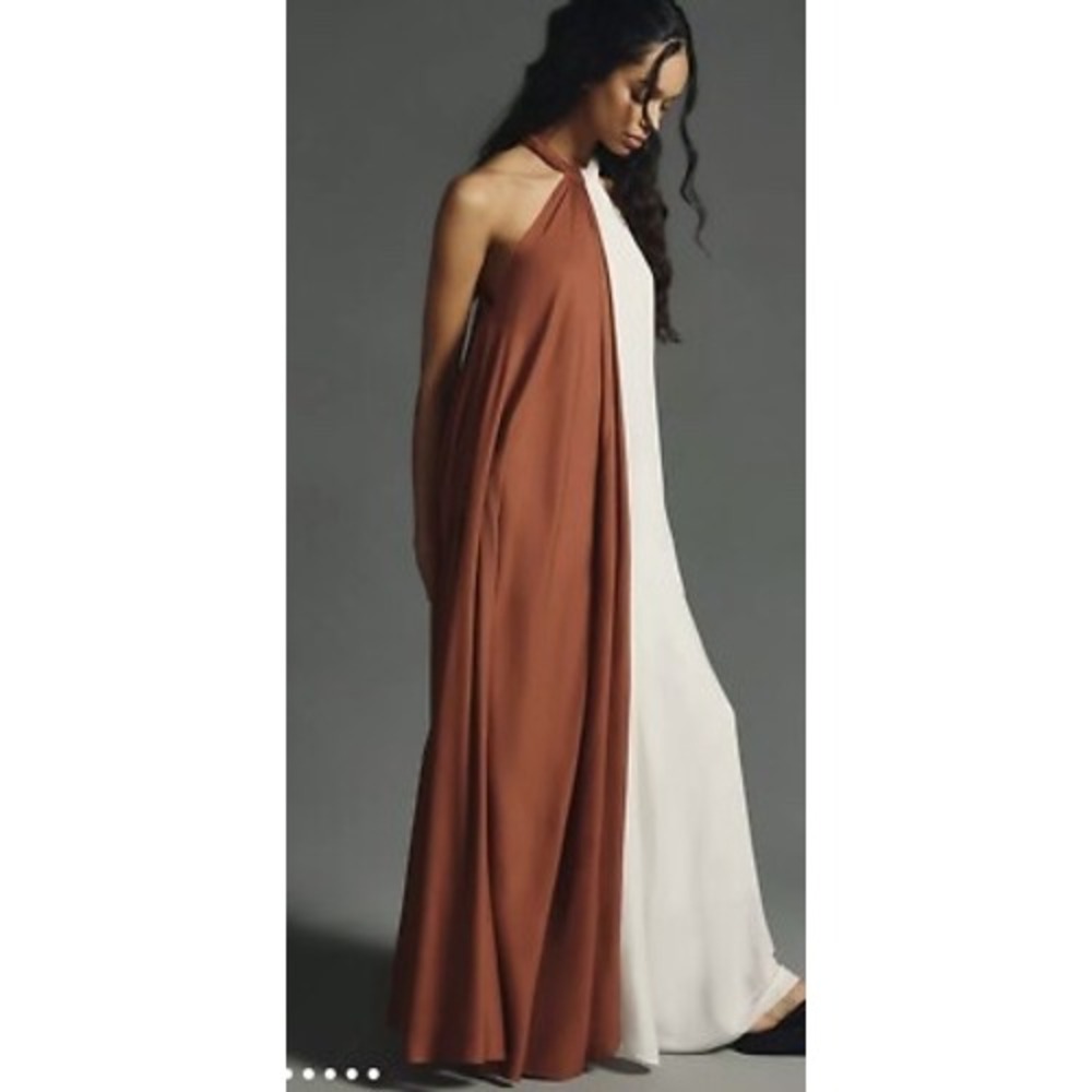 Let Me Be Colorblock Two Tone Halter Maxi Dress Brown Cream XS - Picture 2 of 12